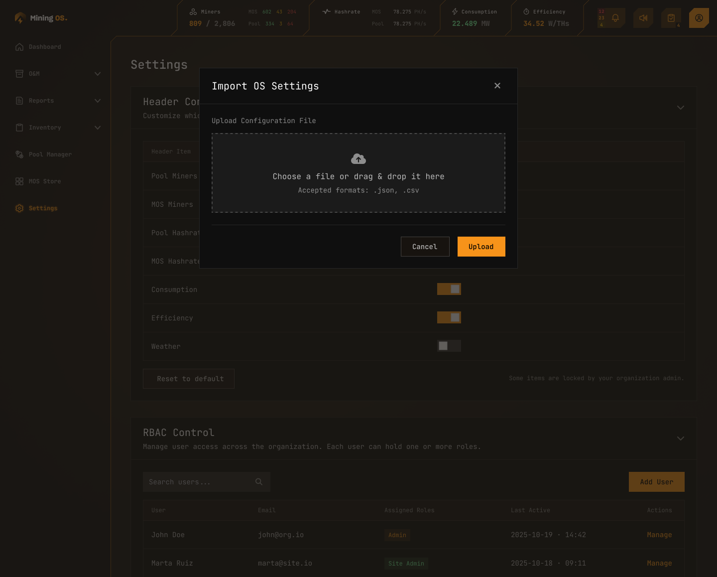 Import OS Settings dialog